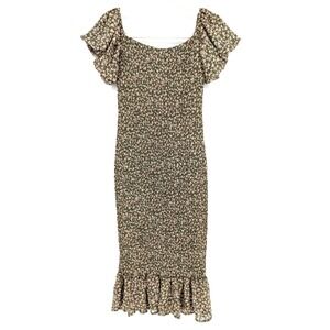 Petal & Pup Claire Green Floral Smocked Off Shoulder Ruffle Midi Dress Romantic